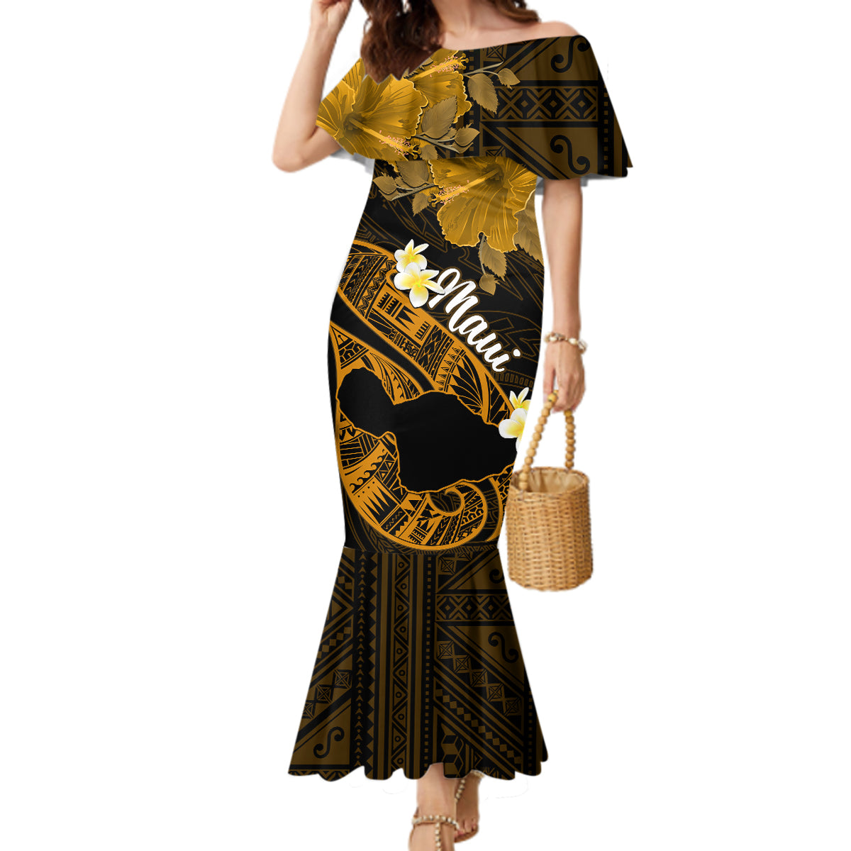 Hawaii Maui Mermaid Dress Polynesian Fish Hook Hibiscus Gold Version LT05 Women Gold - Polynesian Pride