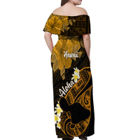 Hawaii Maui Off Shoulder Maxi Dress Polynesian Fish Hook Hibiscus Gold Version LT05 - Polynesian Pride