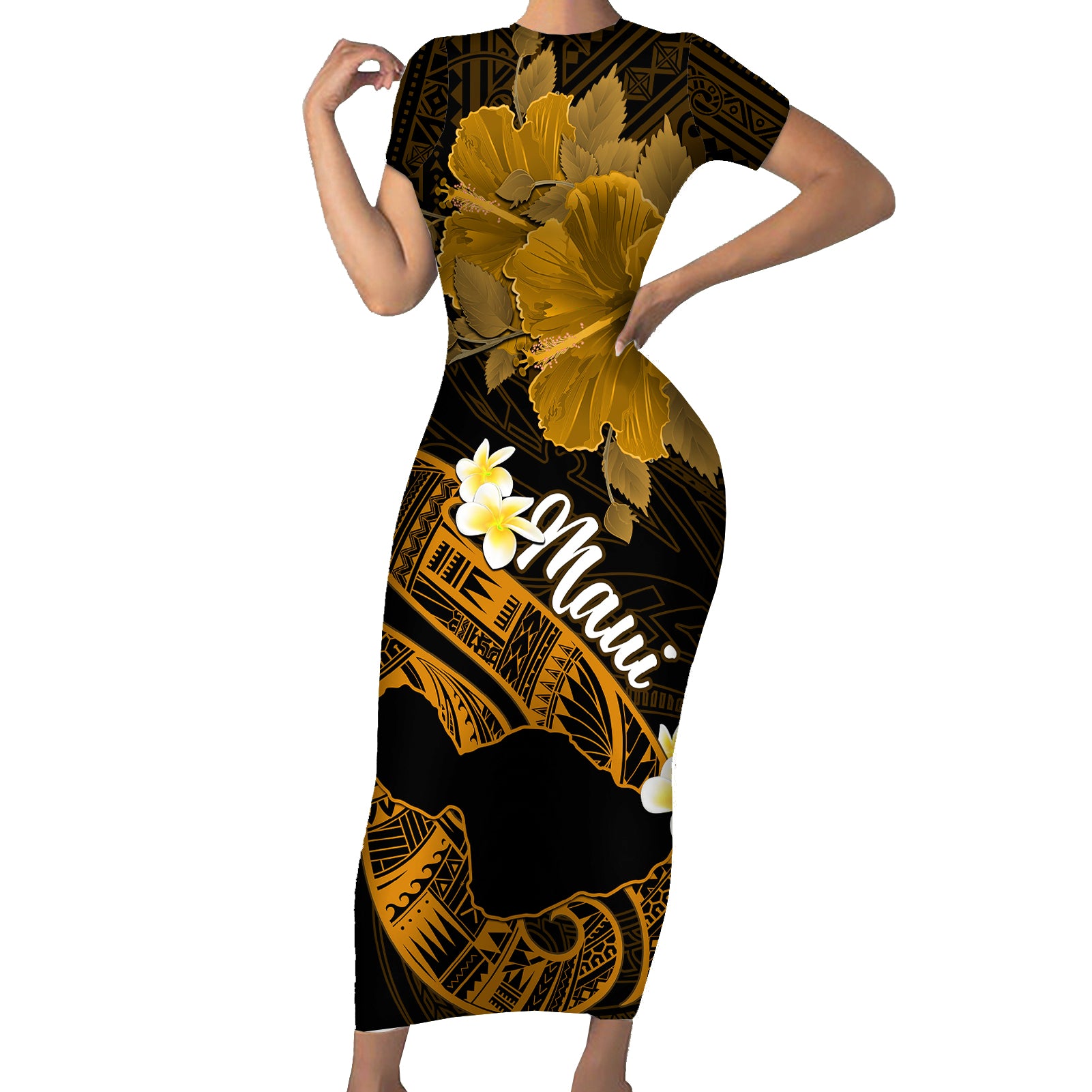 Hawaii Maui Short Sleeve Bodycon Dress Polynesian Fish Hook Hibiscus Gold Version LT05 Long Dress Gold - Polynesian Pride