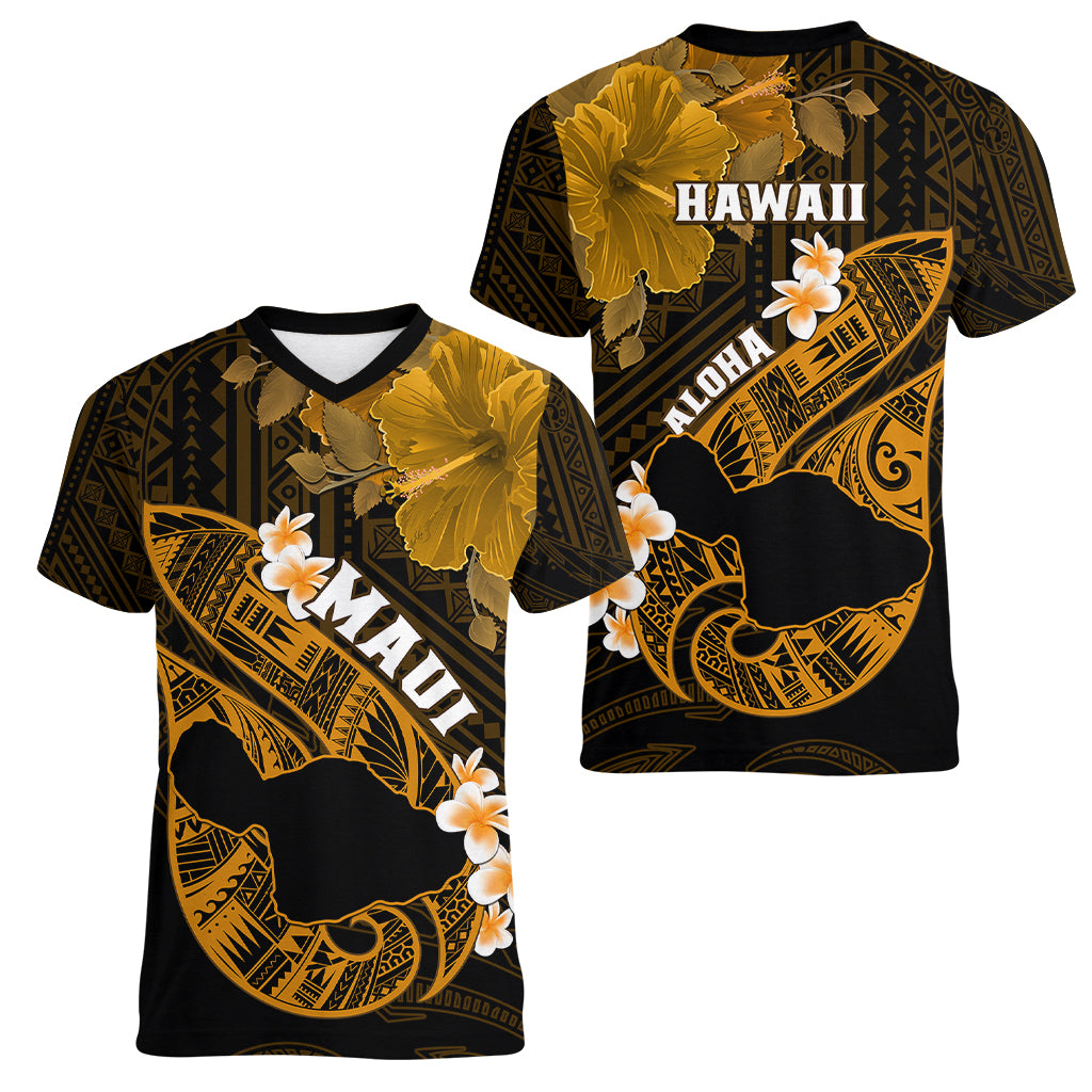 Hawaii Maui Women V Neck T Shirt Polynesian Fish Hook Hibiscus Gold Version LT05 - Polynesian Pride