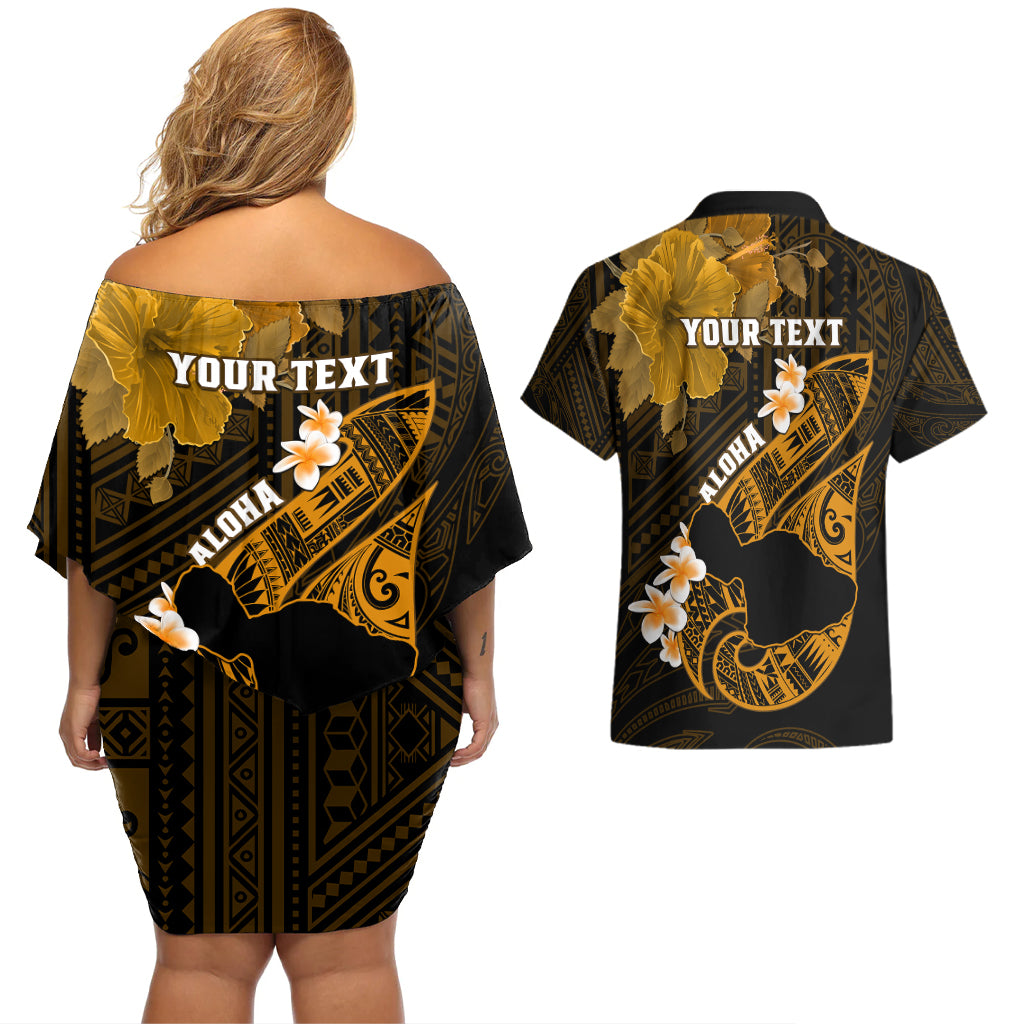 Personalized Hawaii Maui Couples Matching Off Shoulder Short Dress and Hawaiian Shirt Polynesian Fish Hook Hibiscus Gold Version LT05 - Polynesian Pride