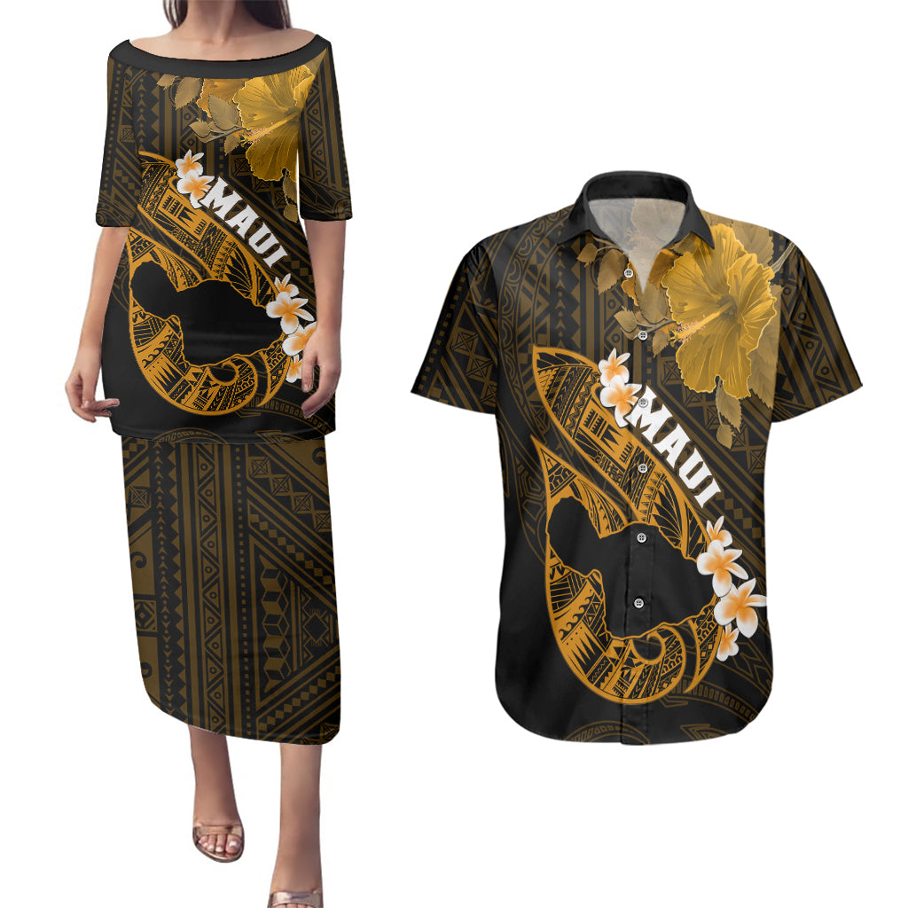 Personalized Hawaii Maui Couples Matching Puletasi Dress and Hawaiian Shirt Polynesian Fish Hook Hibiscus Gold Version LT05 Gold - Polynesian Pride