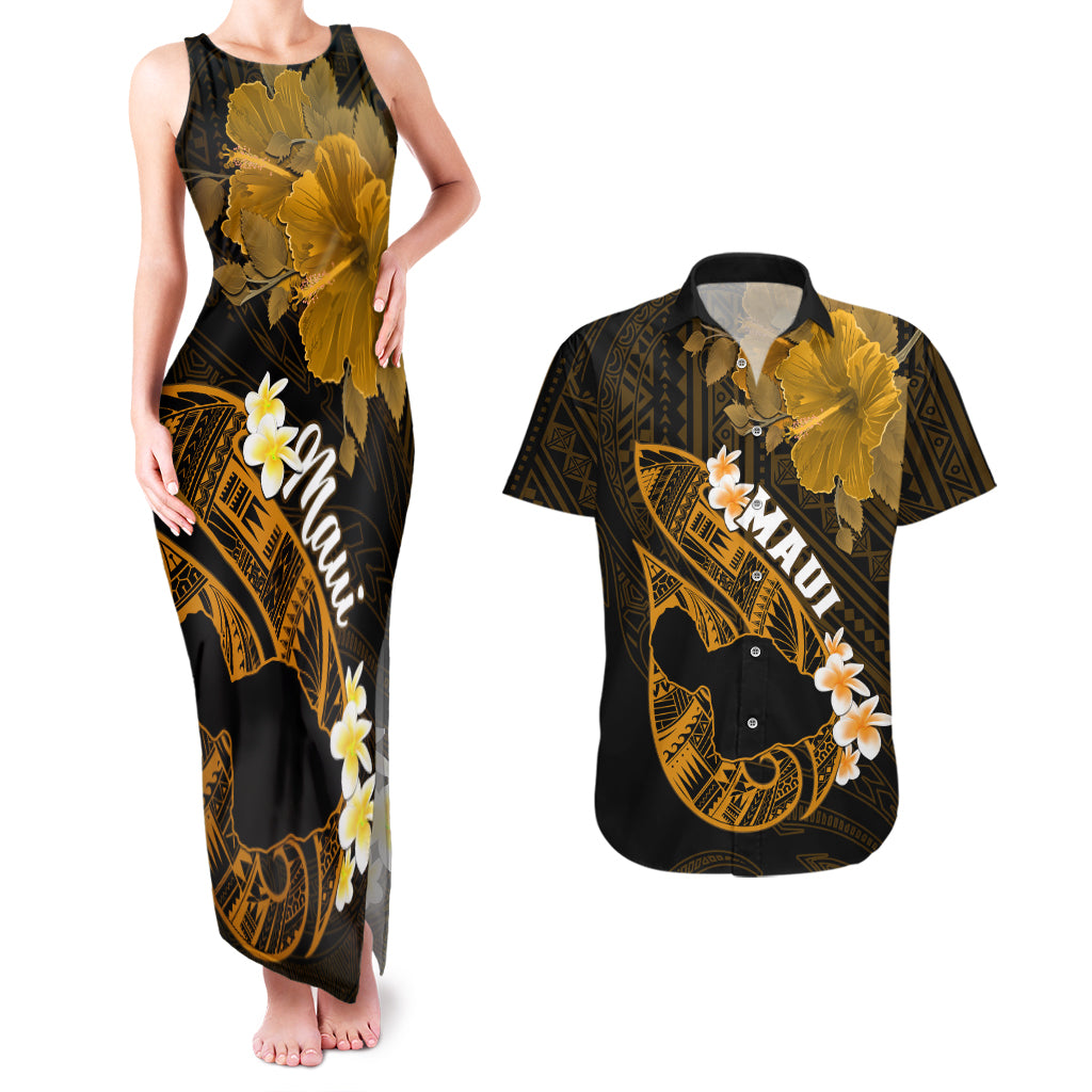Personalized Hawaii Maui Couples Matching Tank Maxi Dress and Hawaiian Shirt Polynesian Fish Hook Hibiscus Gold Version LT05 Gold - Polynesian Pride