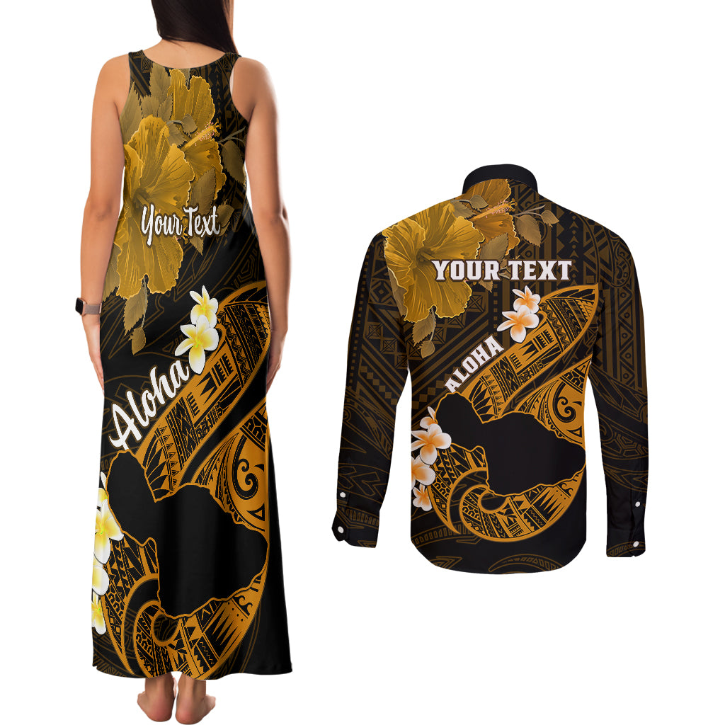 Personalized Hawaii Maui Couples Matching Tank Maxi Dress and Long Sleeve Button Shirts Polynesian Fish Hook Hibiscus Gold Version LT05 - Polynesian Pride