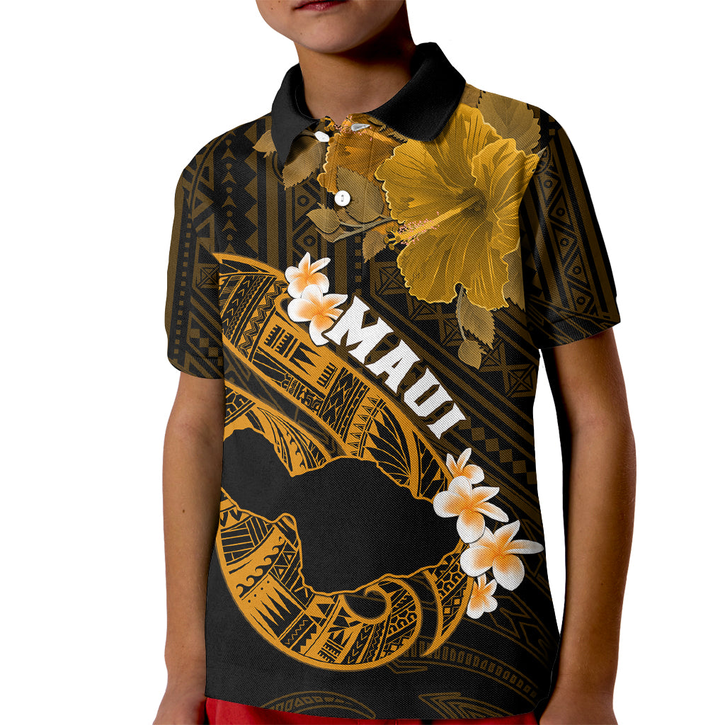 Personalized Hawaii Maui Kid Polo Shirt Polynesian Fish Hook Hibiscus Gold Version LT05 Kid Gold - Polynesian Pride