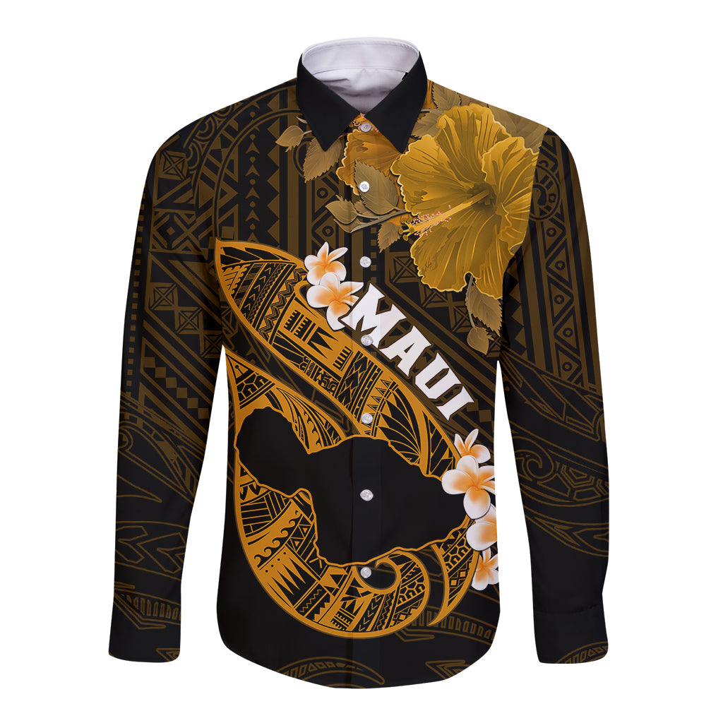 Personalized Hawaii Maui Long Sleeve Button Shirt Polynesian Fish Hook Hibiscus Gold Version LT05 Unisex Gold - Polynesian Pride