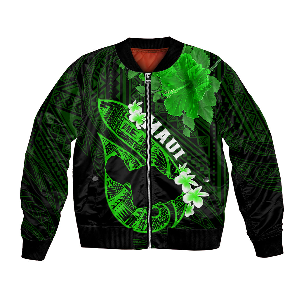 Hawaii Maui Bomber Jacket Polynesian Fish Hook Hibiscus Green Version LT05 Unisex Green - Polynesian Pride