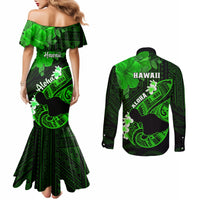 Hawaii Maui Couples Matching Mermaid Dress and Long Sleeve Button Shirts Polynesian Fish Hook Hibiscus Green Version LT05 - Polynesian Pride