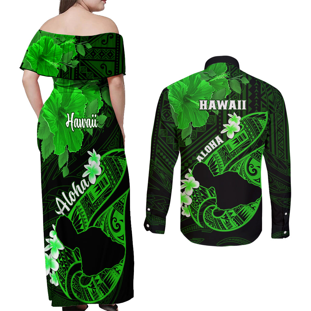Hawaii Maui Couples Matching Off Shoulder Maxi Dress and Long Sleeve Button Shirts Polynesian Fish Hook Hibiscus Green Version LT05 - Polynesian Pride