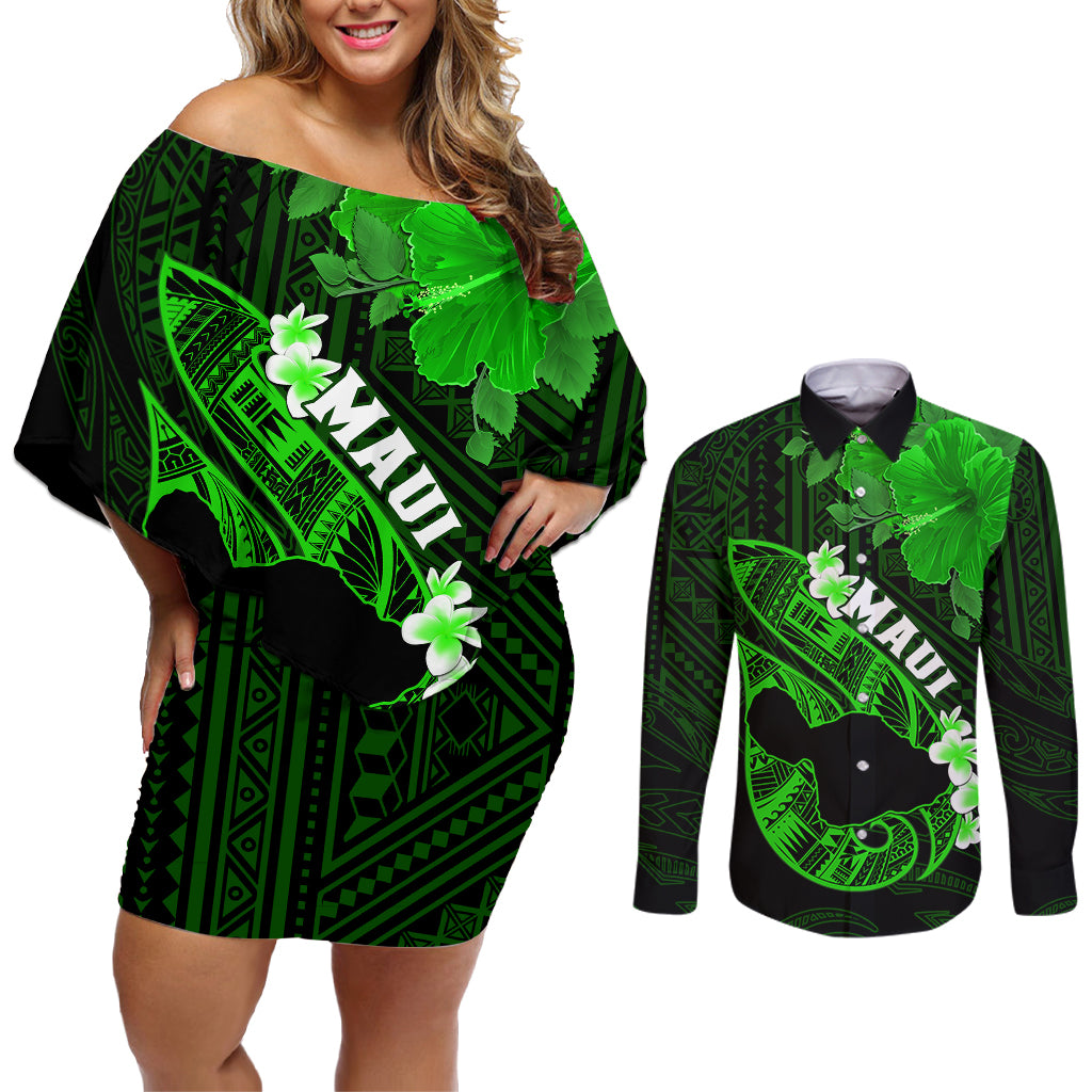 Hawaii Maui Couples Matching Off Shoulder Short Dress and Long Sleeve Button Shirts Polynesian Fish Hook Hibiscus Green Version LT05 Green - Polynesian Pride
