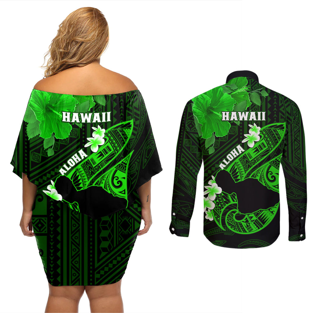 Hawaii Maui Couples Matching Off Shoulder Short Dress and Long Sleeve Button Shirts Polynesian Fish Hook Hibiscus Green Version LT05 - Polynesian Pride