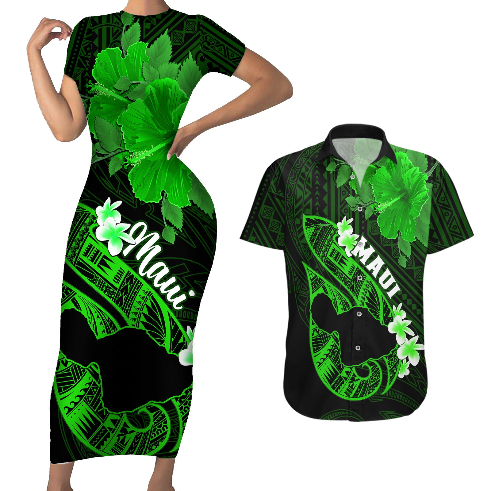 Hawaii Maui Couples Matching Short Sleeve Bodycon Dress and Hawaiian Shirt Polynesian Fish Hook Hibiscus Green Version LT05 Green - Polynesian Pride