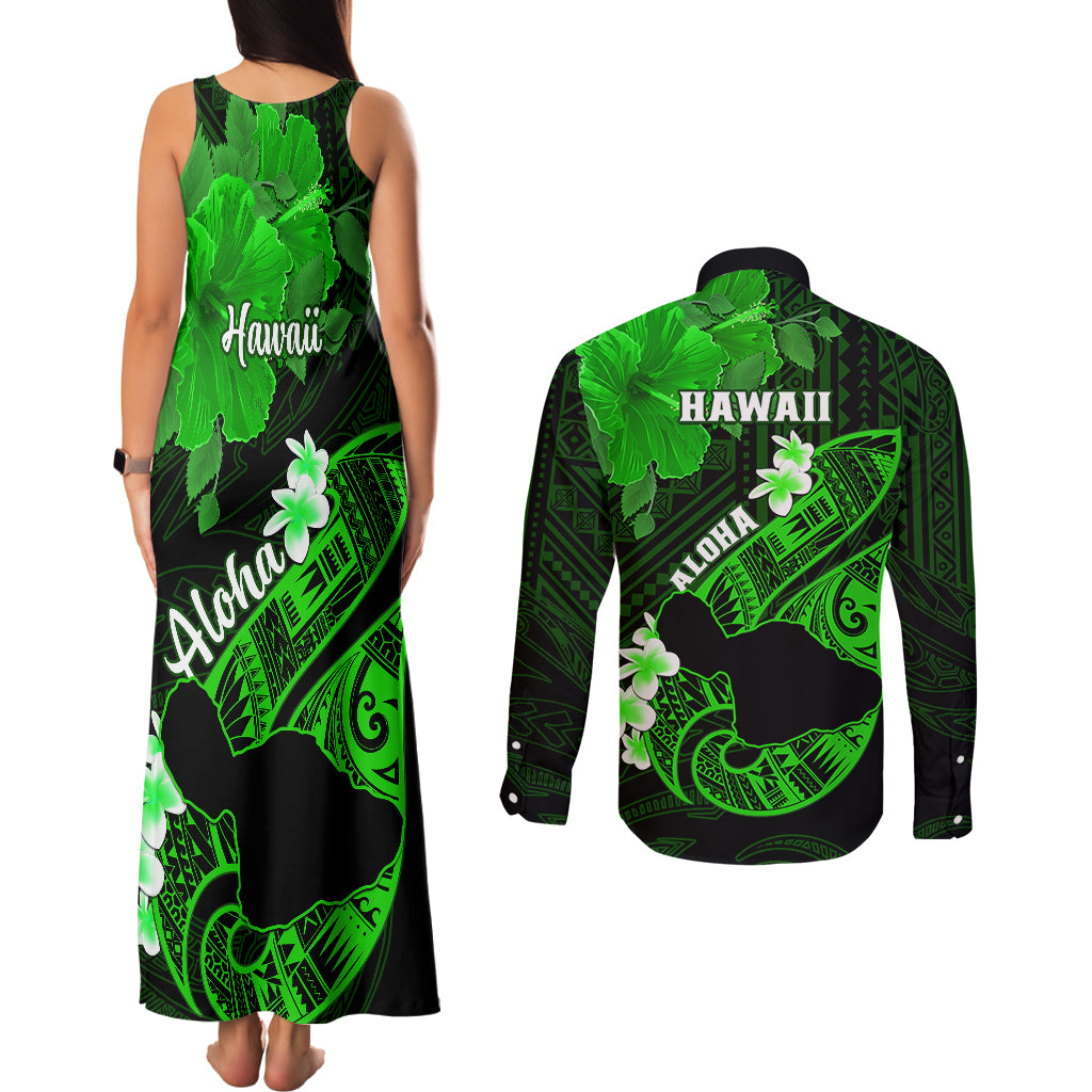 Hawaii Maui Couples Matching Tank Maxi Dress and Long Sleeve Button Shirts Polynesian Fish Hook Hibiscus Green Version LT05 - Polynesian Pride