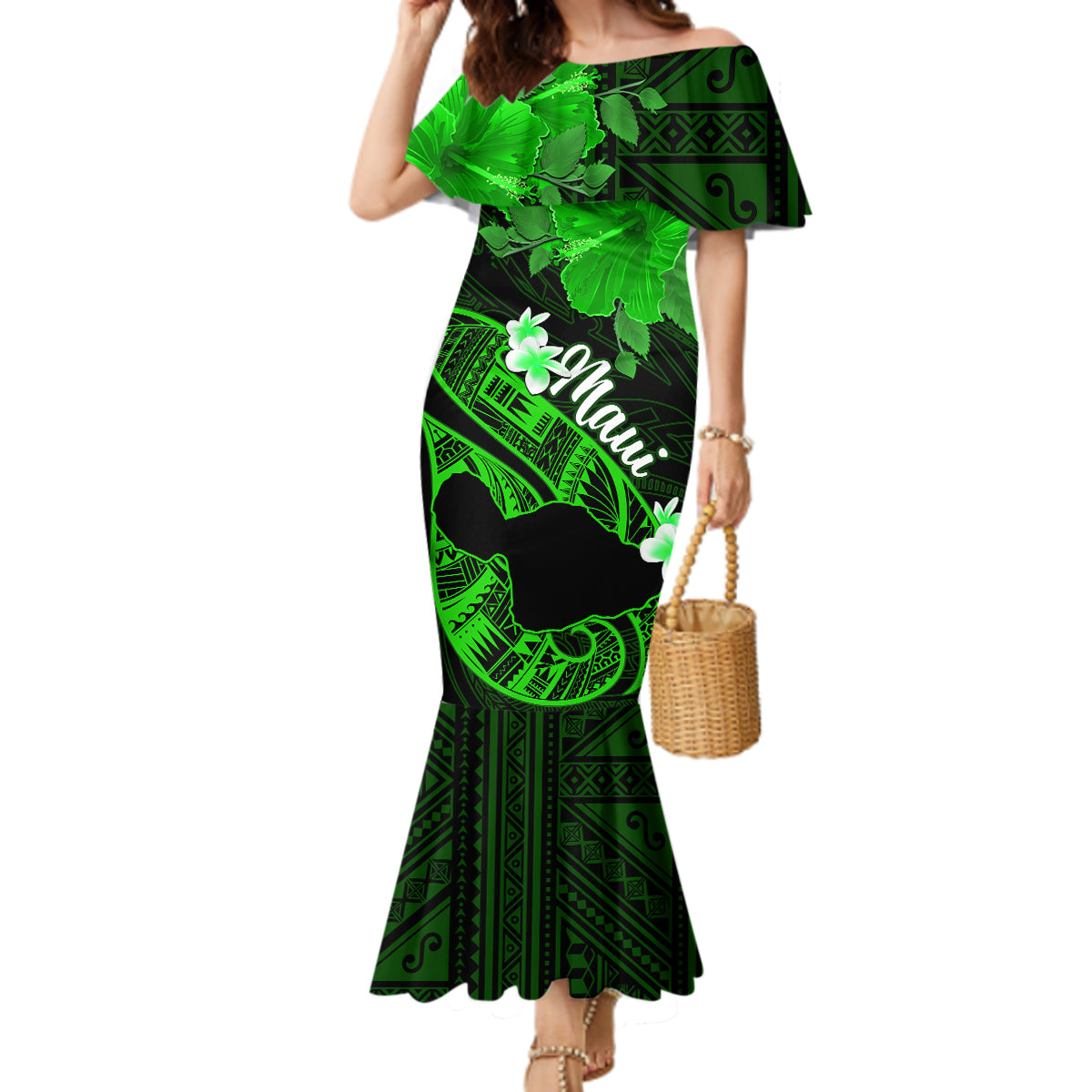 Hawaii Maui Mermaid Dress Polynesian Fish Hook Hibiscus Green Version LT05 Women Green - Polynesian Pride