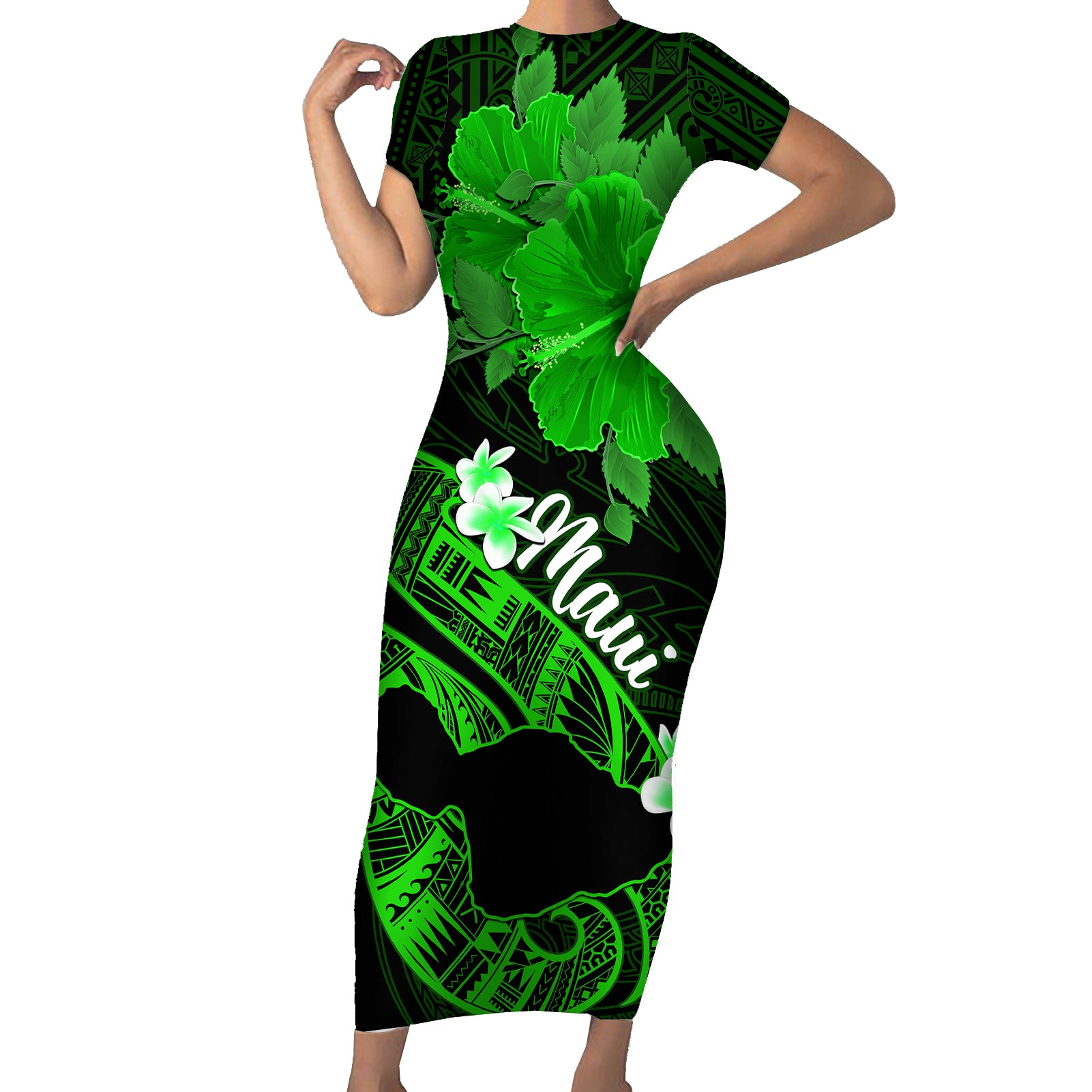 Hawaii Maui Short Sleeve Bodycon Dress Polynesian Fish Hook Hibiscus Green Version LT05 Long Dress Green - Polynesian Pride