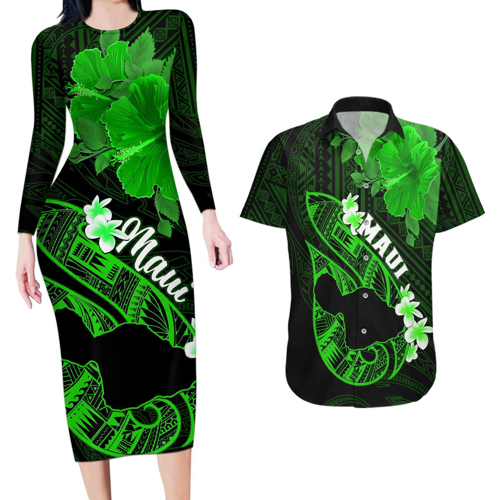 Personalized Hawaii Maui Couples Matching Long Sleeve Bodycon Dress and Hawaiian Shirt Polynesian Fish Hook Hibiscus Green Version LT05 Green - Polynesian Pride