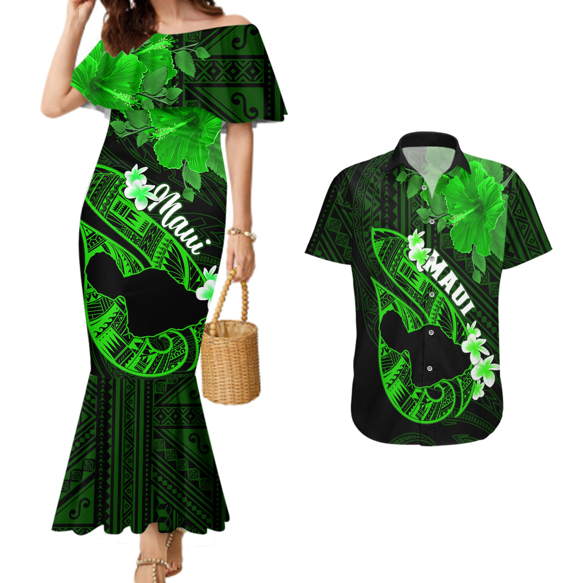 Personalized Hawaii Maui Couples Matching Mermaid Dress and Hawaiian Shirt Polynesian Fish Hook Hibiscus Green Version LT05 Green - Polynesian Pride