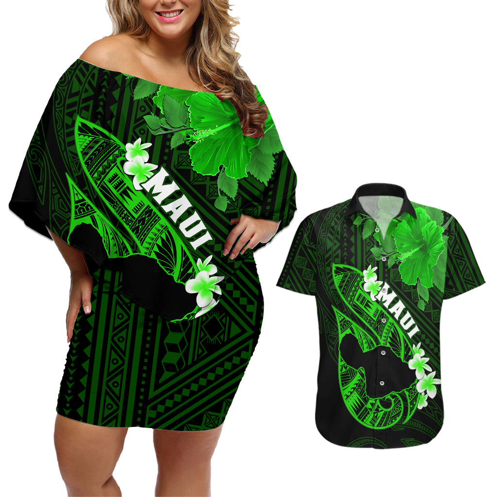 Personalized Hawaii Maui Couples Matching Off Shoulder Short Dress and Hawaiian Shirt Polynesian Fish Hook Hibiscus Green Version LT05 Green - Polynesian Pride