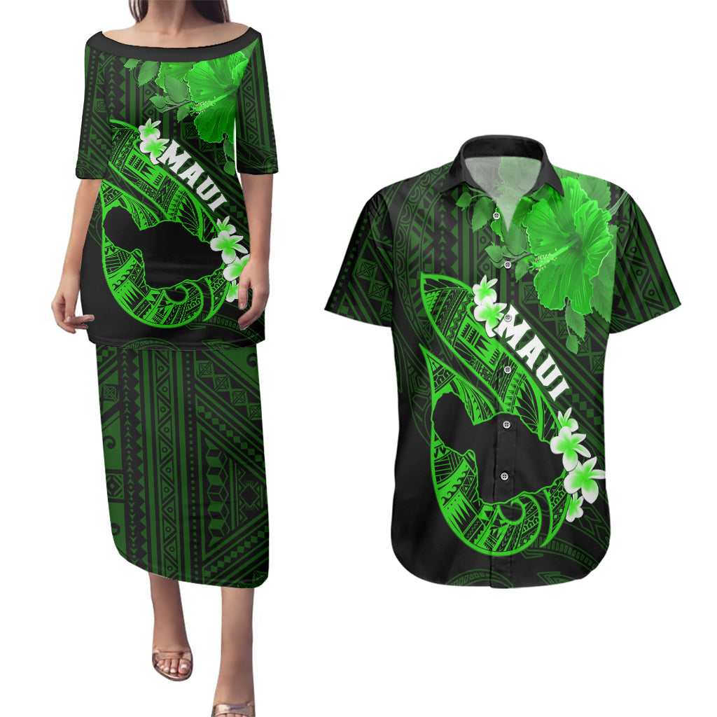 Personalized Hawaii Maui Couples Matching Puletasi Dress and Hawaiian Shirt Polynesian Fish Hook Hibiscus Green Version LT05 Green - Polynesian Pride