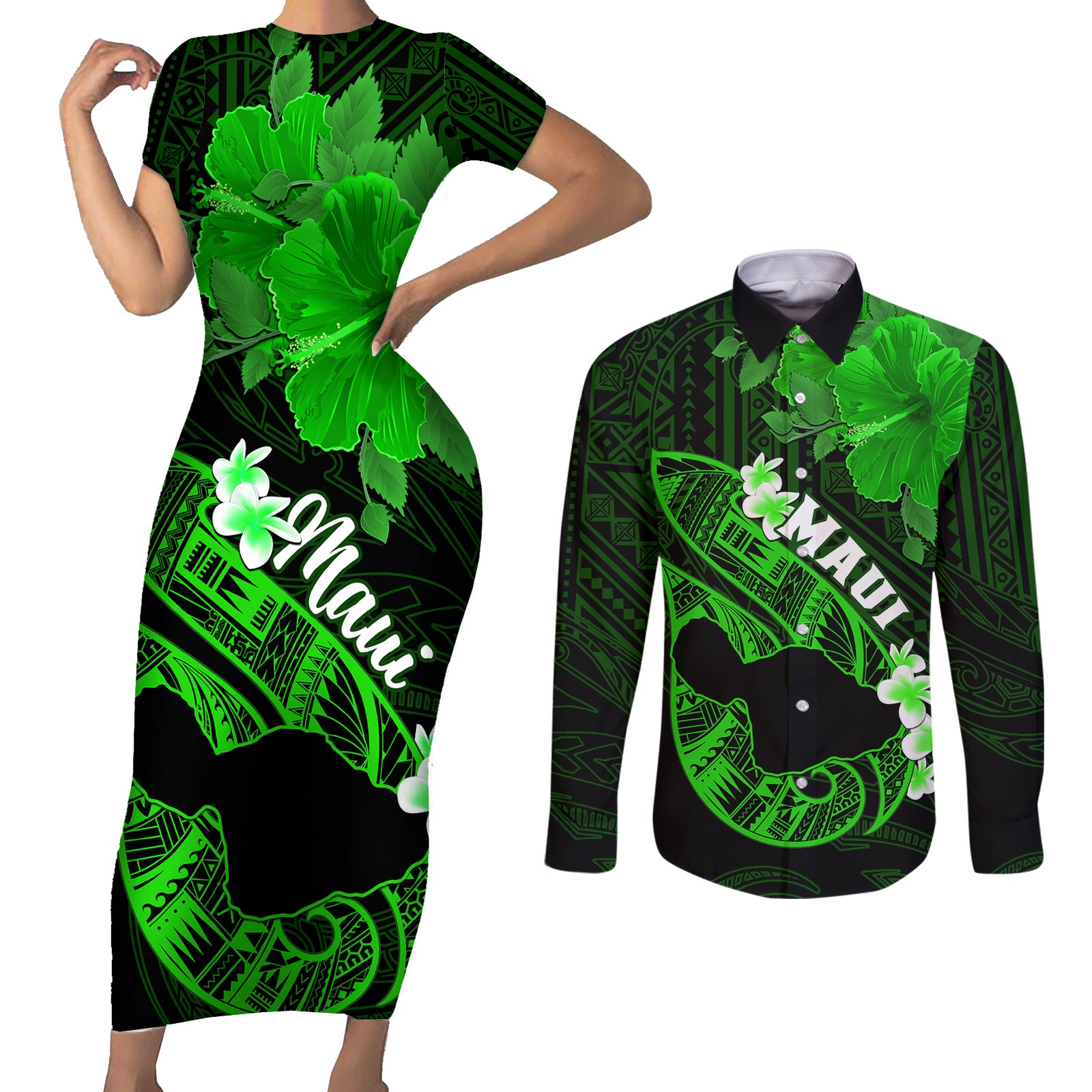 Personalized Hawaii Maui Couples Matching Short Sleeve Bodycon Dress and Long Sleeve Button Shirts Polynesian Fish Hook Hibiscus Green Version LT05 Green - Polynesian Pride