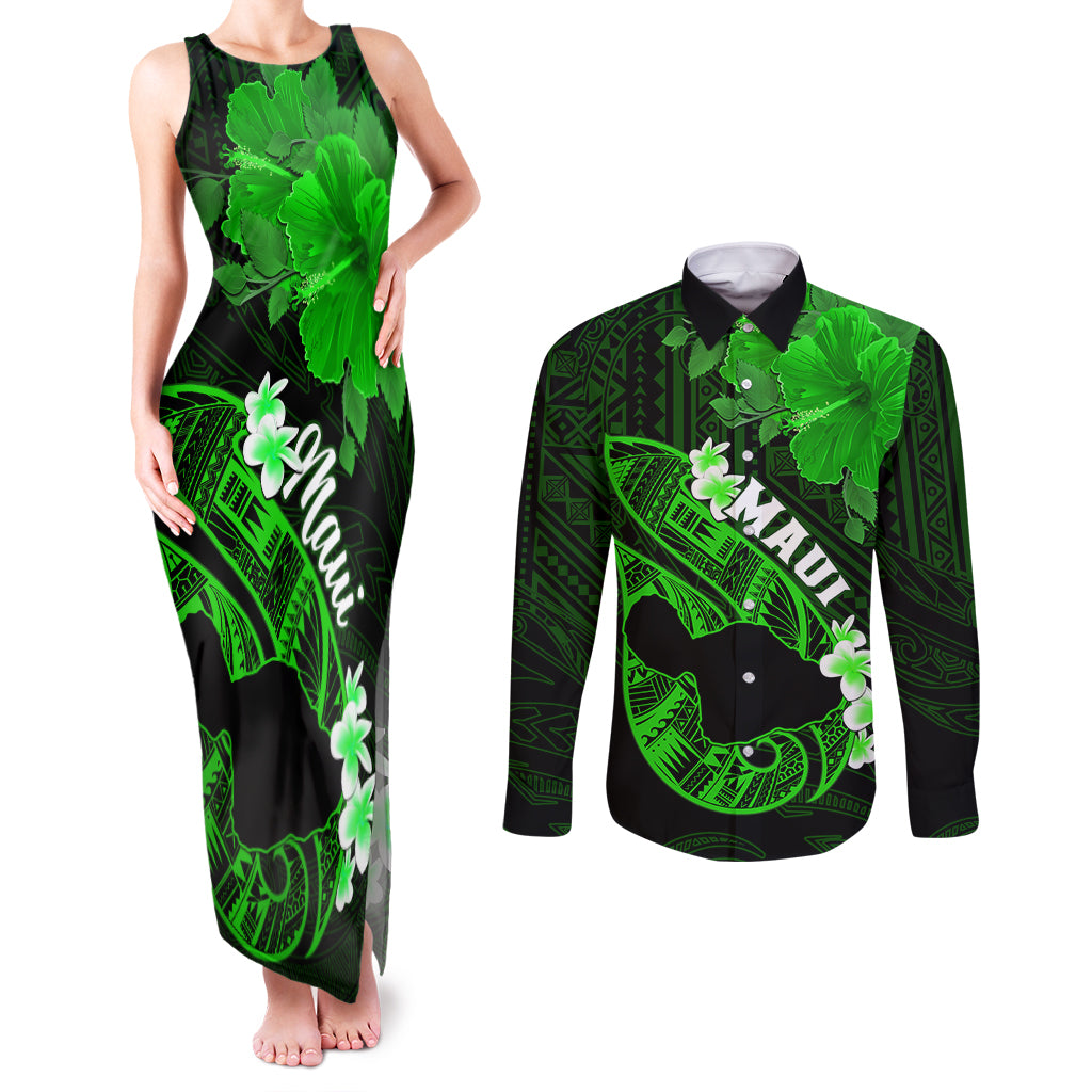 Personalized Hawaii Maui Couples Matching Tank Maxi Dress and Long Sleeve Button Shirts Polynesian Fish Hook Hibiscus Green Version LT05 Green - Polynesian Pride