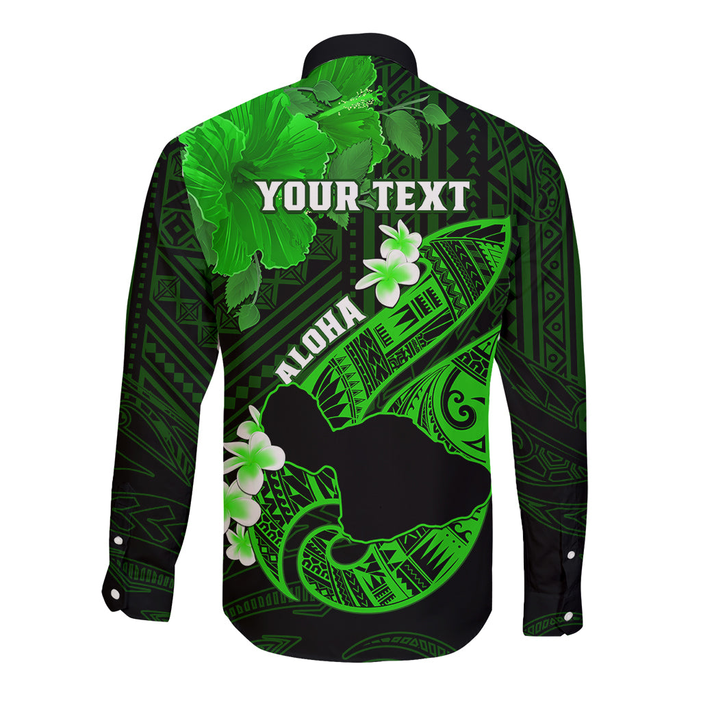 Personalized Hawaii Maui Long Sleeve Button Shirt Polynesian Fish Hook Hibiscus Green Version LT05 - Polynesian Pride