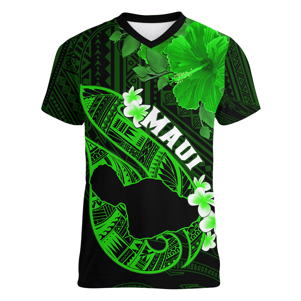 Personalized Hawaii Maui Women V Neck T Shirt Polynesian Fish Hook Hibiscus Green Version LT05 Female Green - Polynesian Pride