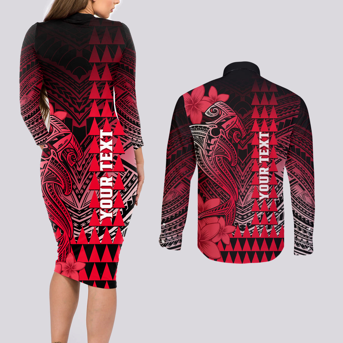 Personalized Hawaii Couples Matching Long Sleeve Bodycon Dress and Long Sleeve Button Shirts Hammerhead Shark Kakau Polynesian Tribal Red LT05 - Polynesian Pride