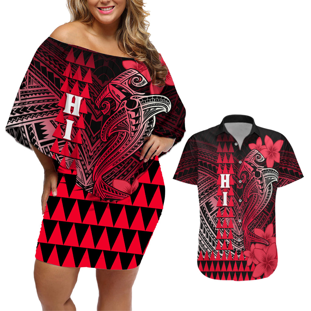 Personalized Hawaii Couples Matching Off Shoulder Short Dress and Hawaiian Shirt Hammerhead Shark Kakau Polynesian Tribal Red LT05 Red - Polynesian Pride