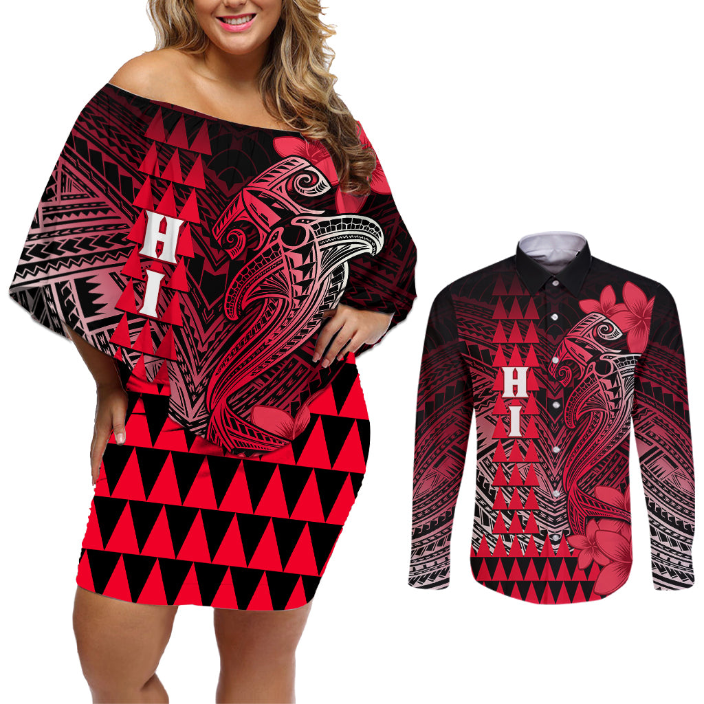 Personalized Hawaii Couples Matching Off Shoulder Short Dress and Long Sleeve Button Shirts Hammerhead Shark Kakau Polynesian Tribal Red LT05 Red - Polynesian Pride