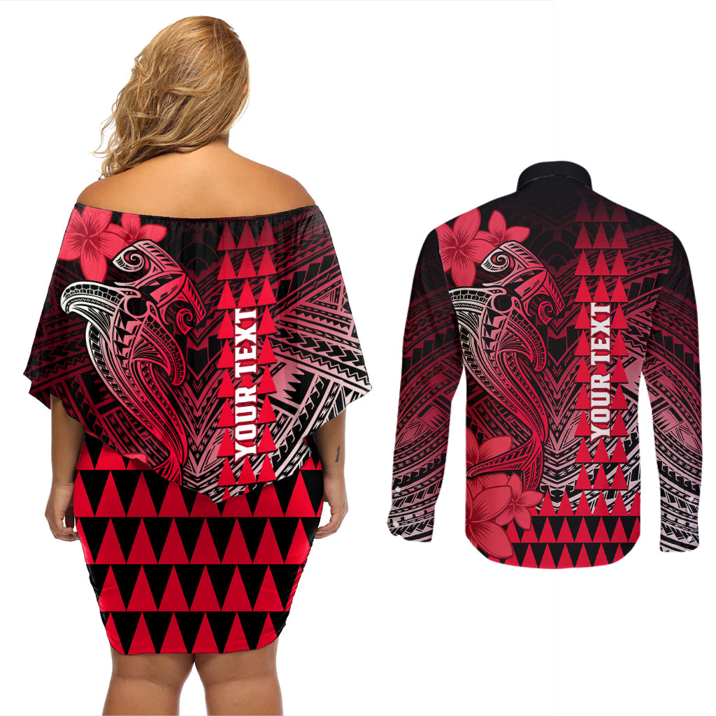 Personalized Hawaii Couples Matching Off Shoulder Short Dress and Long Sleeve Button Shirts Hammerhead Shark Kakau Polynesian Tribal Red LT05 - Polynesian Pride