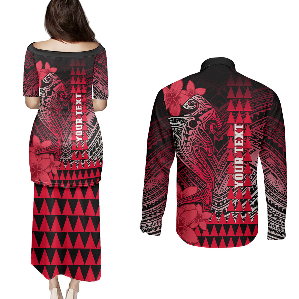 Personalized Hawaii Couples Matching Puletasi Dress and Long Sleeve Button Shirts Hammerhead Shark Kakau Polynesian Tribal Red LT05 - Polynesian Pride
