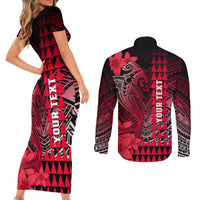 Personalized Hawaii Couples Matching Short Sleeve Bodycon Dress and Long Sleeve Button Shirts Hammerhead Shark Kakau Polynesian Tribal Red LT05 - Polynesian Pride
