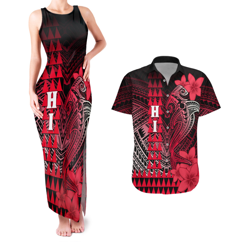 Personalized Hawaii Couples Matching Tank Maxi Dress and Hawaiian Shirt Hammerhead Shark Kakau Polynesian Tribal Red LT05 Red - Polynesian Pride