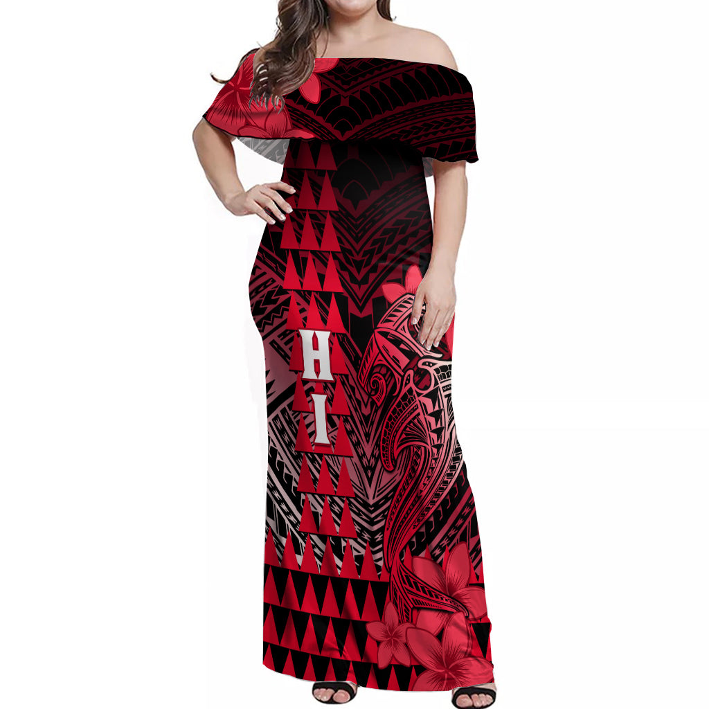 Personalized Hawaii Off Shoulder Maxi Dress Hammerhead Shark Kakau Polynesian Tribal Red LT05 Women Red - Polynesian Pride
