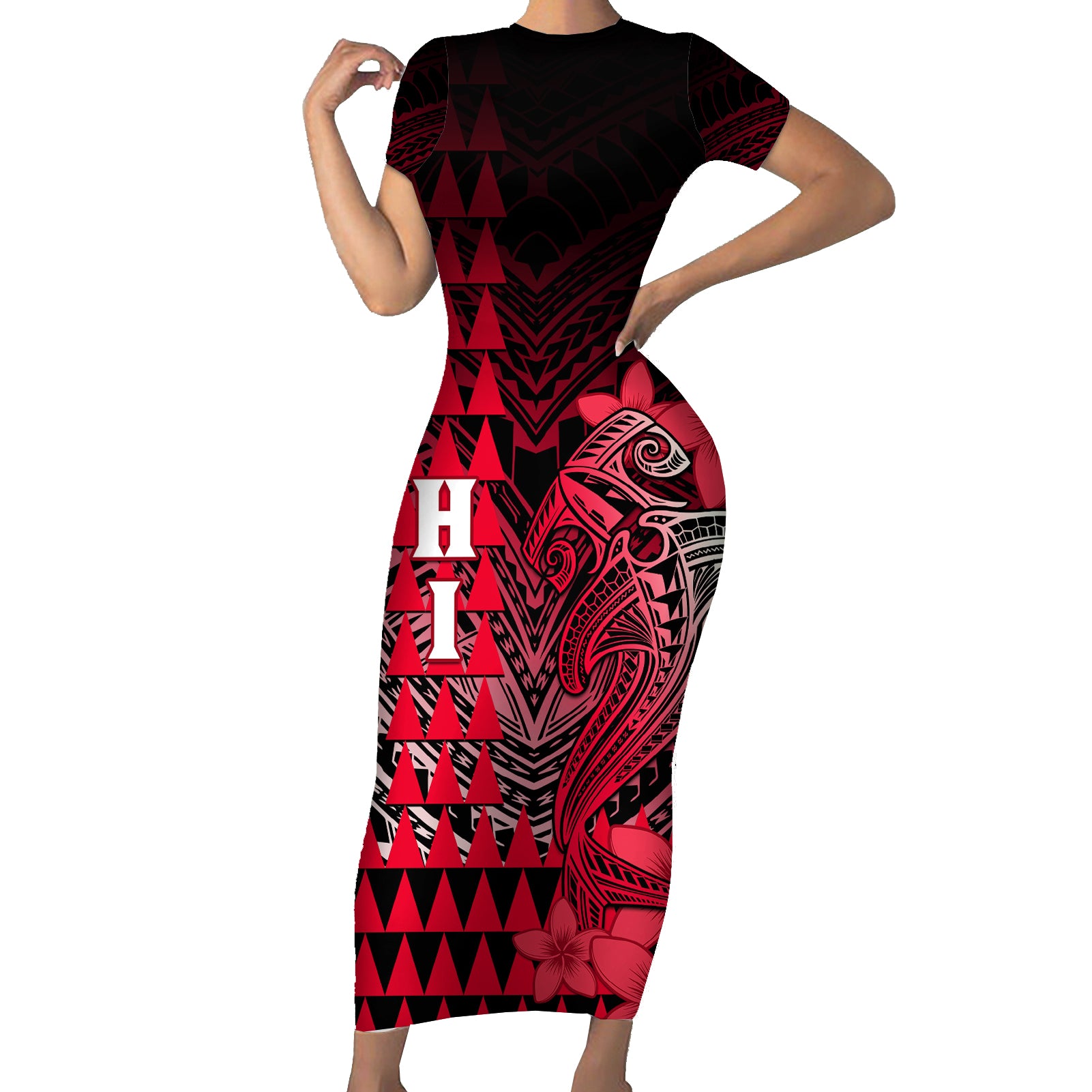 Personalized Hawaii Short Sleeve Bodycon Dress Hammerhead Shark Kakau Polynesian Tribal Red LT05 Long Dress Red - Polynesian Pride