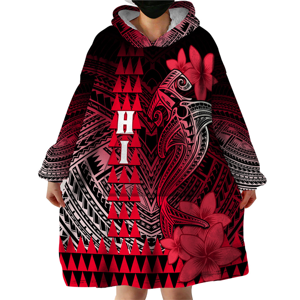 Personalized Hawaii Wearable Blanket Hoodie Hammerhead Shark Kakau Polynesian Tribal Red LT05 - Polynesian Pride