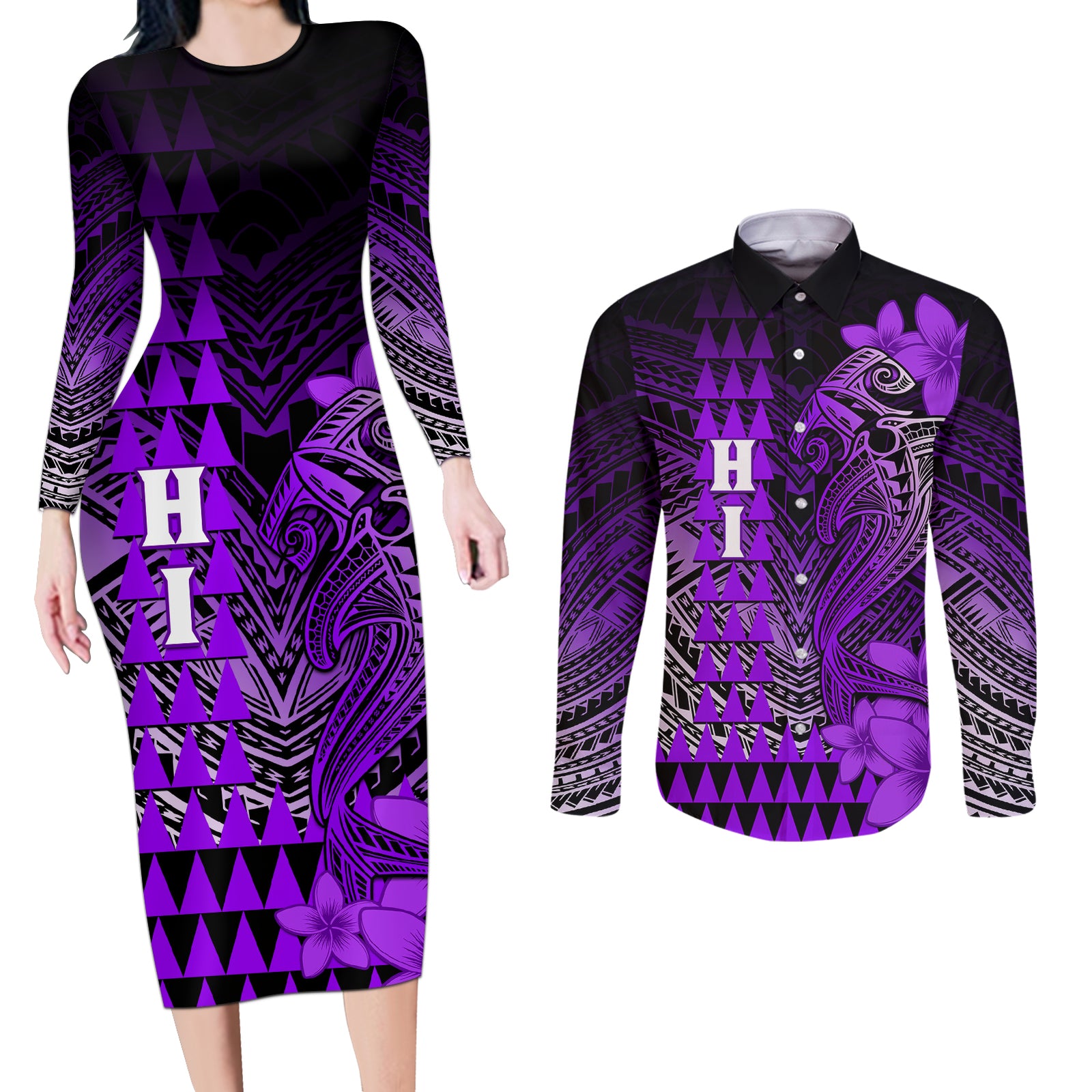 Personalized Hawaii Couples Matching Long Sleeve Bodycon Dress and Long Sleeve Button Shirts Hammerhead Shark Kakau Polynesian Tribal Purple LT05 Purple - Polynesian Pride