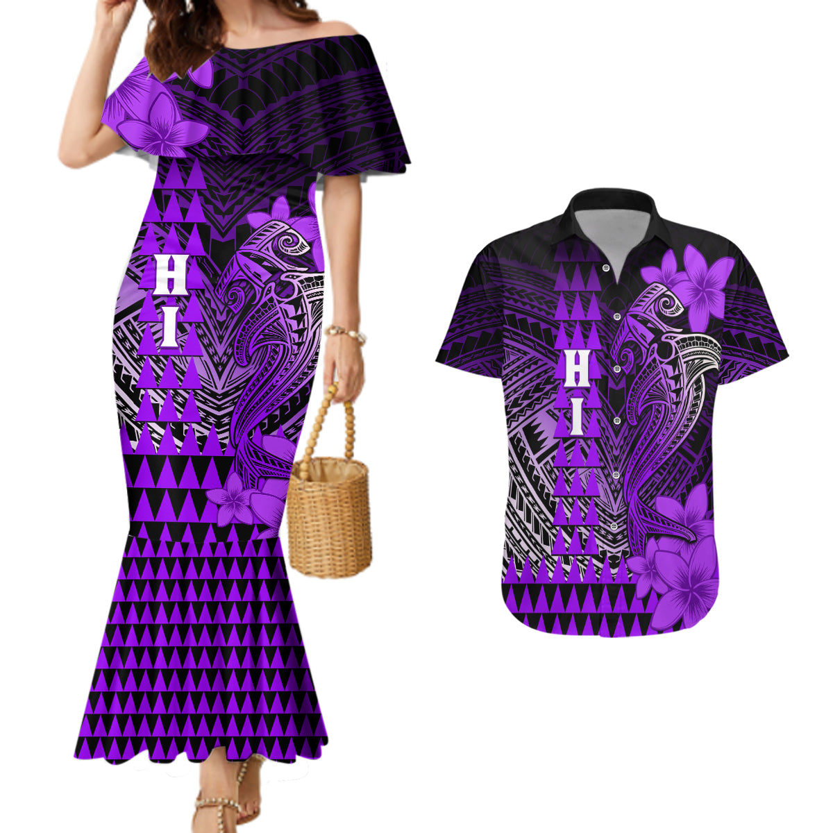 Personalized Hawaii Couples Matching Mermaid Dress and Hawaiian Shirt Hammerhead Shark Kakau Polynesian Tribal Purple LT05 Purple - Polynesian Pride