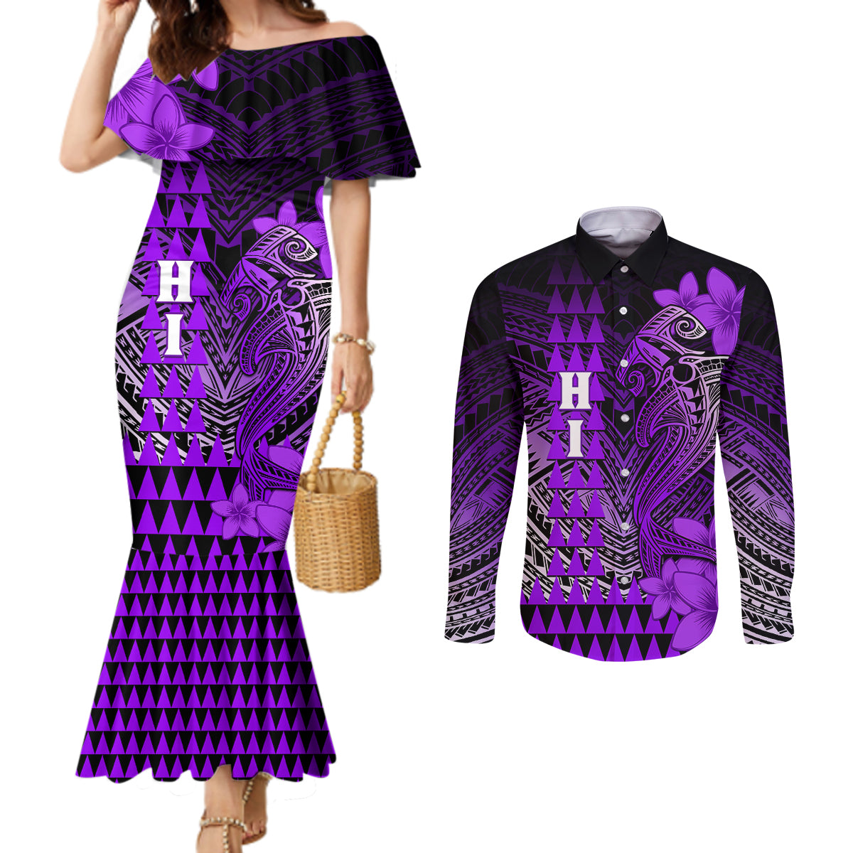 Personalized Hawaii Couples Matching Mermaid Dress and Long Sleeve Button Shirts Hammerhead Shark Kakau Polynesian Tribal Purple LT05 Purple - Polynesian Pride