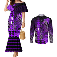 Personalized Hawaii Couples Matching Mermaid Dress and Long Sleeve Button Shirts Hammerhead Shark Kakau Polynesian Tribal Purple LT05 Purple - Polynesian Pride