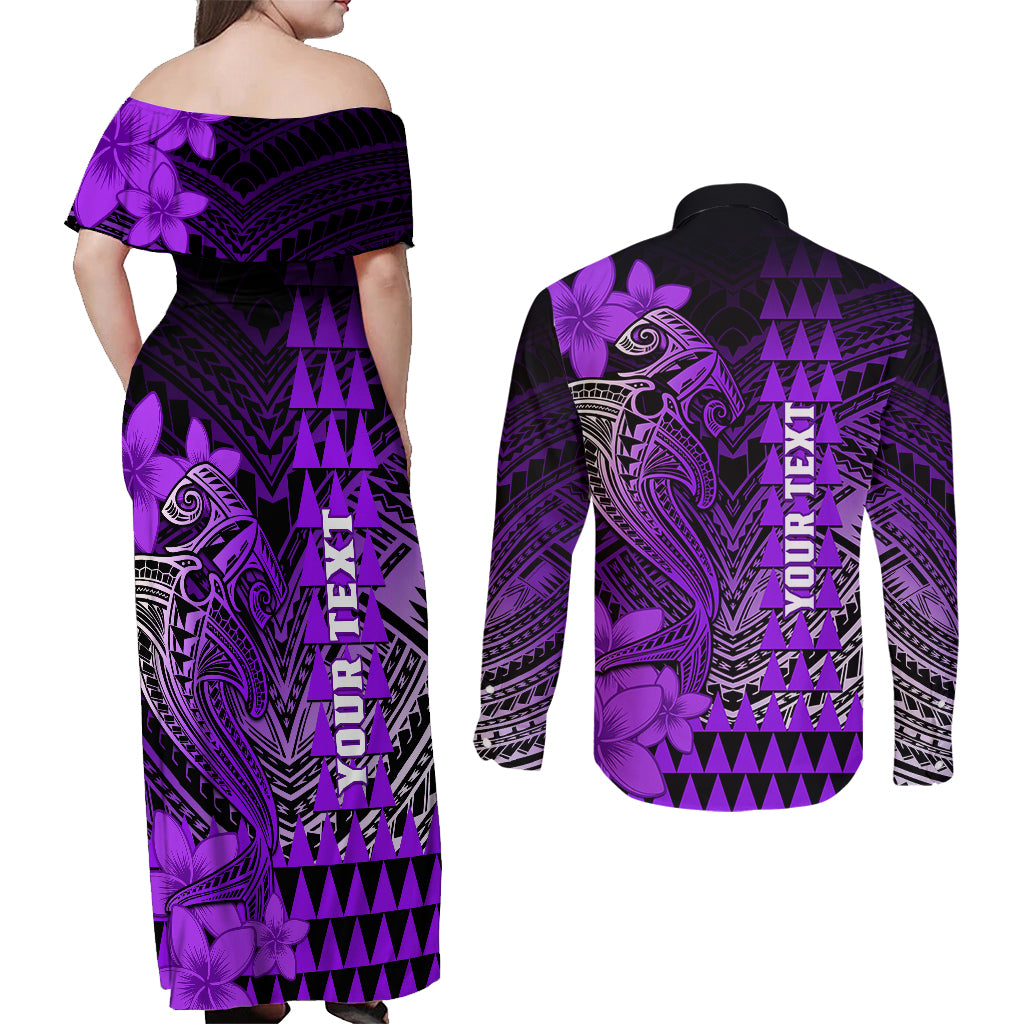 Personalized Hawaii Couples Matching Off Shoulder Maxi Dress and Long Sleeve Button Shirts Hammerhead Shark Kakau Polynesian Tribal Purple LT05 - Polynesian Pride