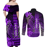 Personalized Hawaii Couples Matching Off Shoulder Maxi Dress and Long Sleeve Button Shirts Hammerhead Shark Kakau Polynesian Tribal Purple LT05 - Polynesian Pride