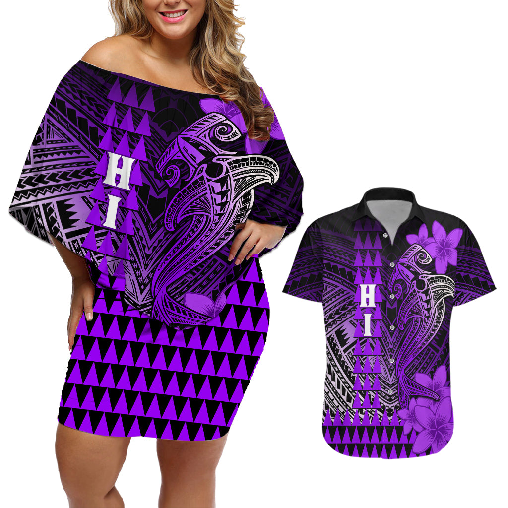 Personalized Hawaii Couples Matching Off Shoulder Short Dress and Hawaiian Shirt Hammerhead Shark Kakau Polynesian Tribal Purple LT05 Purple - Polynesian Pride