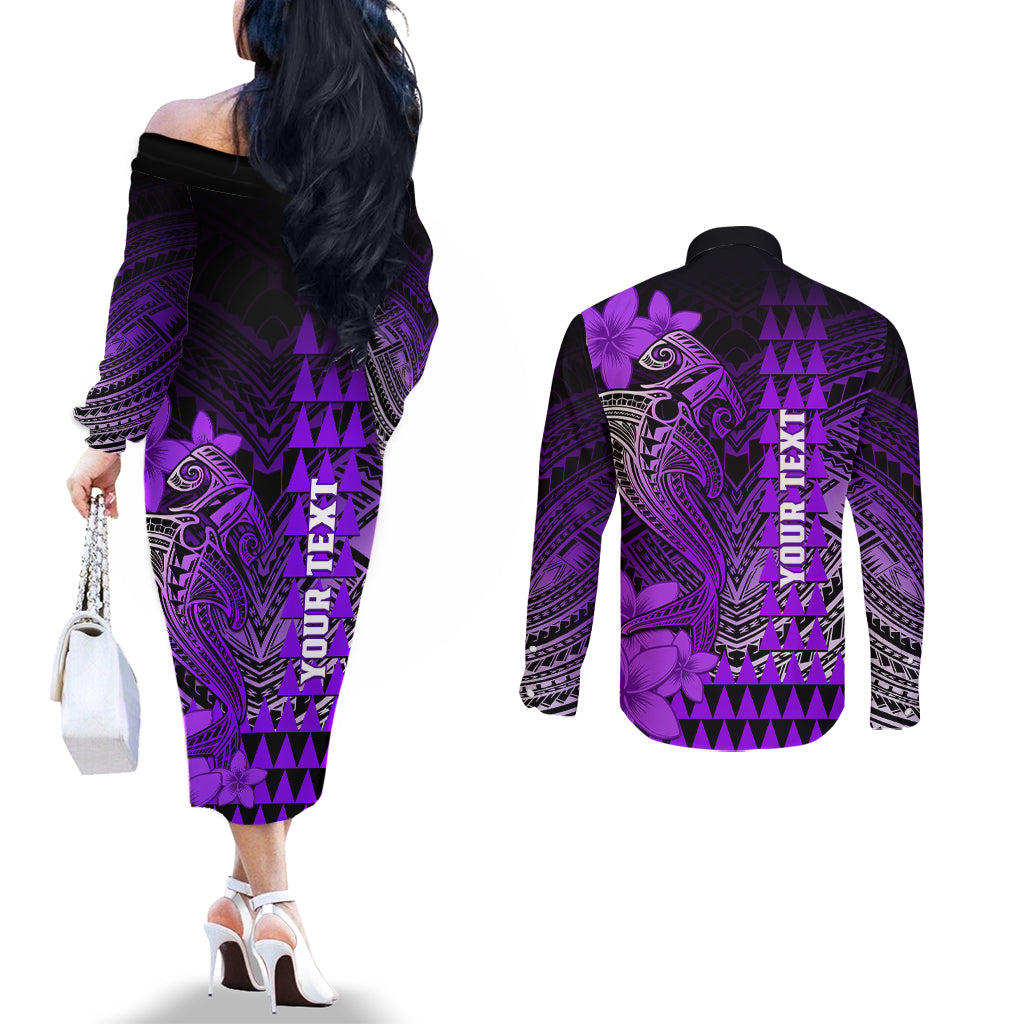 Personalized Hawaii Couples Matching Off The Shoulder Long Sleeve Dress and Long Sleeve Button Shirts Hammerhead Shark Kakau Polynesian Tribal Purple LT05 - Polynesian Pride