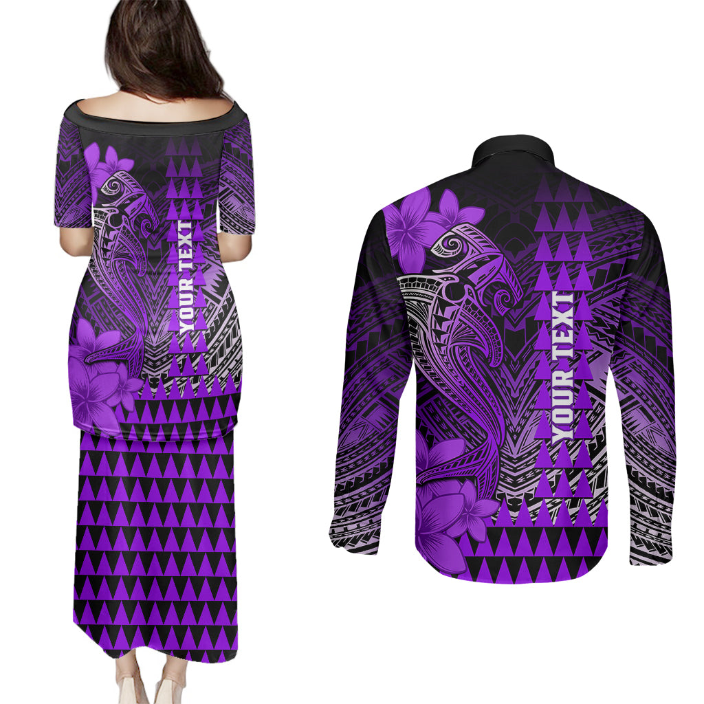 Personalized Hawaii Couples Matching Puletasi Dress and Long Sleeve Button Shirts Hammerhead Shark Kakau Polynesian Tribal Purple LT05 - Polynesian Pride