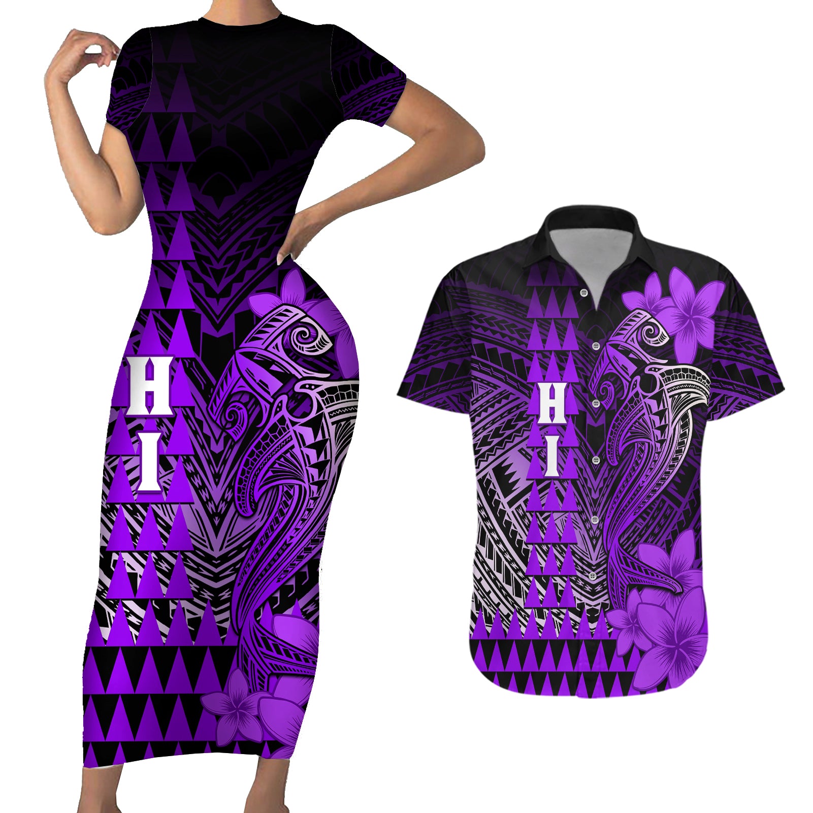 Personalized Hawaii Couples Matching Short Sleeve Bodycon Dress and Hawaiian Shirt Hammerhead Shark Kakau Polynesian Tribal Purple LT05 Purple - Polynesian Pride