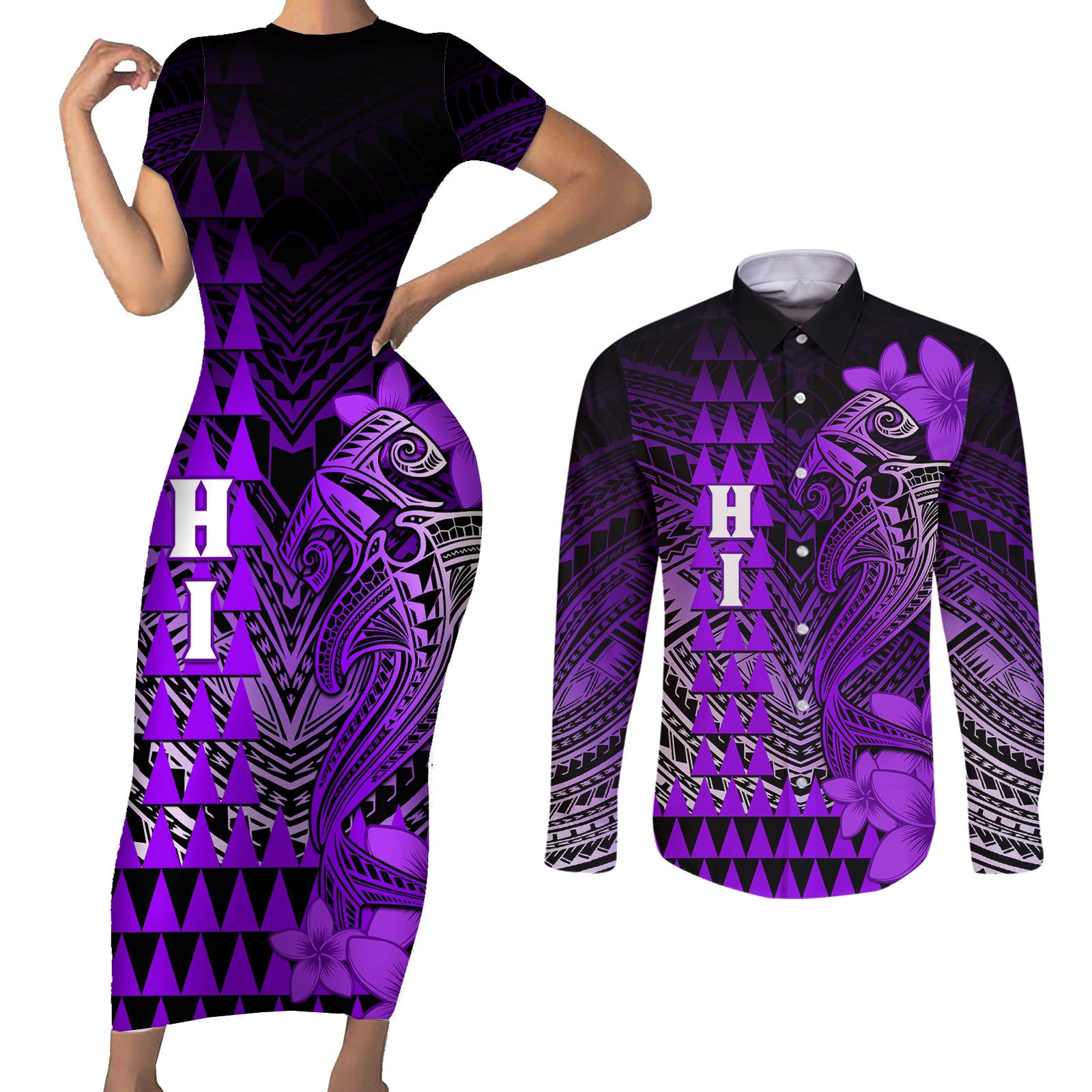 Personalized Hawaii Couples Matching Short Sleeve Bodycon Dress and Long Sleeve Button Shirts Hammerhead Shark Kakau Polynesian Tribal Purple LT05 Purple - Polynesian Pride
