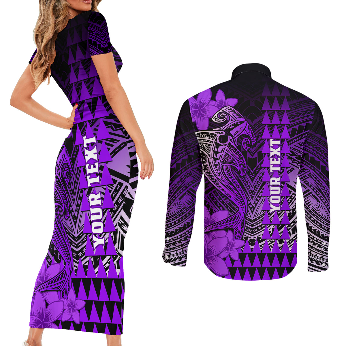 Personalized Hawaii Couples Matching Short Sleeve Bodycon Dress and Long Sleeve Button Shirts Hammerhead Shark Kakau Polynesian Tribal Purple LT05 - Polynesian Pride