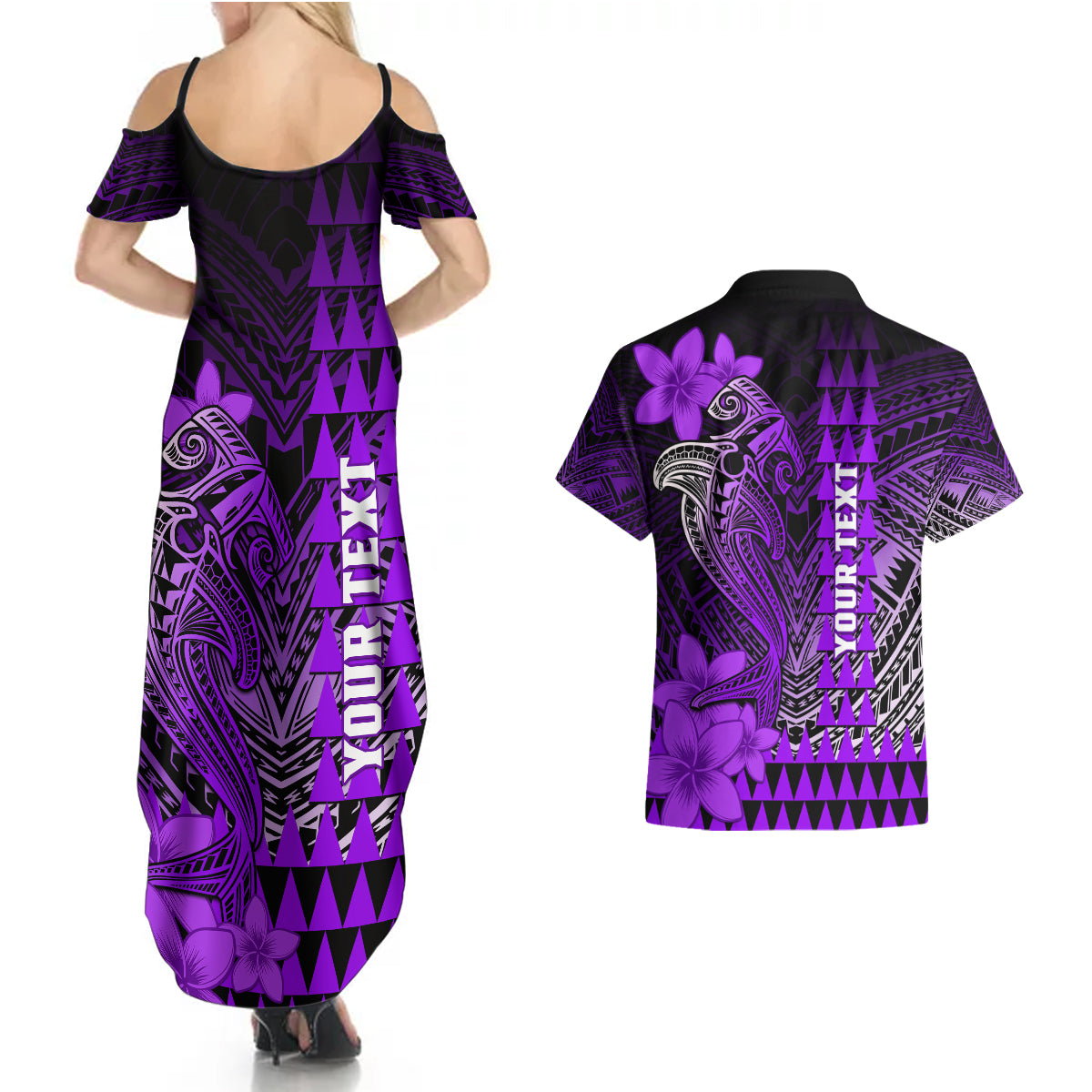 Personalized Hawaii Couples Matching Summer Maxi Dress and Hawaiian Shirt Hammerhead Shark Kakau Polynesian Tribal Purple LT05 - Polynesian Pride